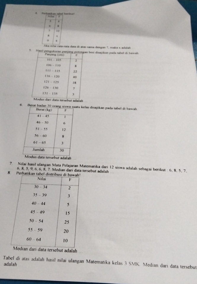 borikut! 
rata data di atas sama dengan 7, maka x adalah 
5. besi disajikan pada tabel di bawah 
t adalah 
6. Berat badan 30 ou kelas disajikan pada tabel di bawah 
ebut adalah 
7. Nilai hasil ulangan Mata Pelajaran Matematika dari 12 siswa adalah sebagai berikut : 6, 8. 5, 7.
6, 8, 5, 9, 6, 6, 8, 7. Median dari data tersebut adalah 
8. Perhatikan tabel 
ta tersebut adalah .. 
Tabel di atas adalah hasil nilai ulangan Matematika kelas 3 SMK. Median dari data tersebut 
adalah