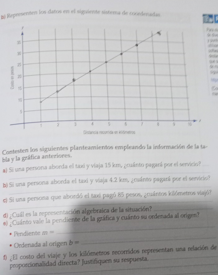 Representen los datos en el siguiente sístema de coordenadas. 
t 
Contesten los siguientes planteamientos empleando la información de la ta- 
bla y la gráfica anteriores. 
_ 
a) Si una persona aborda el taxi y viaja 15 km, ¿cuánto pagará por el servicio? 
_ 
b) Si una persona aborda el taxi y viaja 4.2 km, ¿cuánto pagará por el servicio? 
_ 
c) Si una persona que abordó el taxi pagó 85 pesos, ¿cuántos kilómetros viajó? 
d) ¿Cuál es la representación algebraica de la situación?_ 
e) ¿Cuánto vale la pendiente de la gráfica y cuánto su ordenada al origen? 
_ 
Pendiente m=
_ 
Ordenada al origen b=
f) ¿El costo del viaje y los kilómetros recorridos representan una relación de 
_ 
proporcionalidad directa? Justifiquen su respuesta.