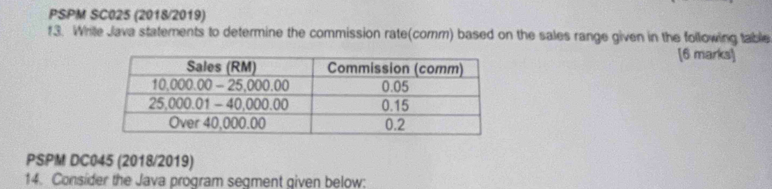 PSPM SC025 (2018/2019) 
f3. Wrile Java statements to determine the commission rate(comm) based on the sales range given in the following table 
[6 marks] 
PSPM DC045 (2018/2019) 
14. Consider the Java program segment given below: