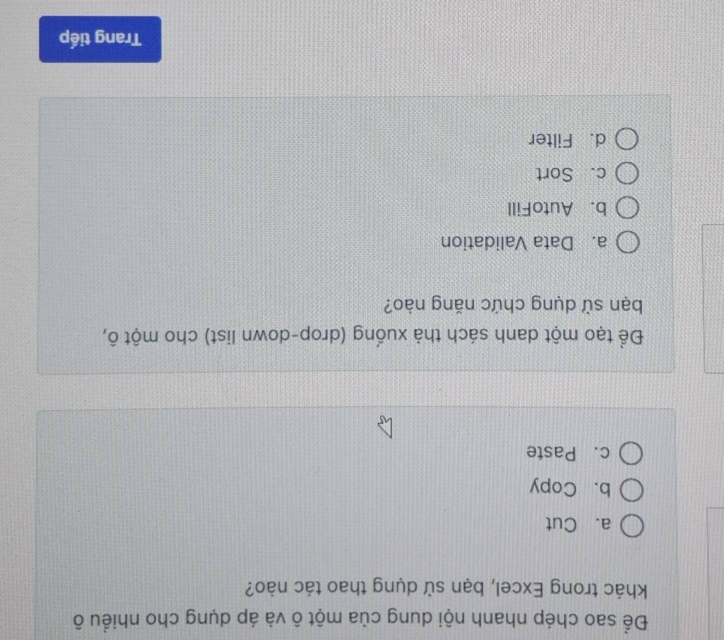 Để sao chép nhanh nội dung của một ô và áp dụng cho nhiều ô
khác trong Excel, bạn sử dụng thao tác nào?
a. Cut
b. Copy
c. Paste
Để tạo một danh sách thả xuống (drop-down list) cho một ô,
bạn sử dụng chức năng nào?
a. Data Validation
b. AutoFill
c. Sort
d. Filter
Trang tiếp