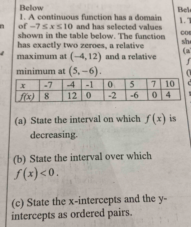 Below Bel
1. A continuous function has a domain 1. T
n of -7≤ x≤ 10 and has selected values
shown in the table below. The function cor
has exactly two zeroes, a relative
sh
(a
a maximum at (-4,12) and a relative f
minimum at (5,-6).
a
(a) State the interval on which f(x) is
decreasing.
(b) State the interval over which
f(x)<0.
(c) State the x-intercepts and the y-
intercepts as ordered pairs.