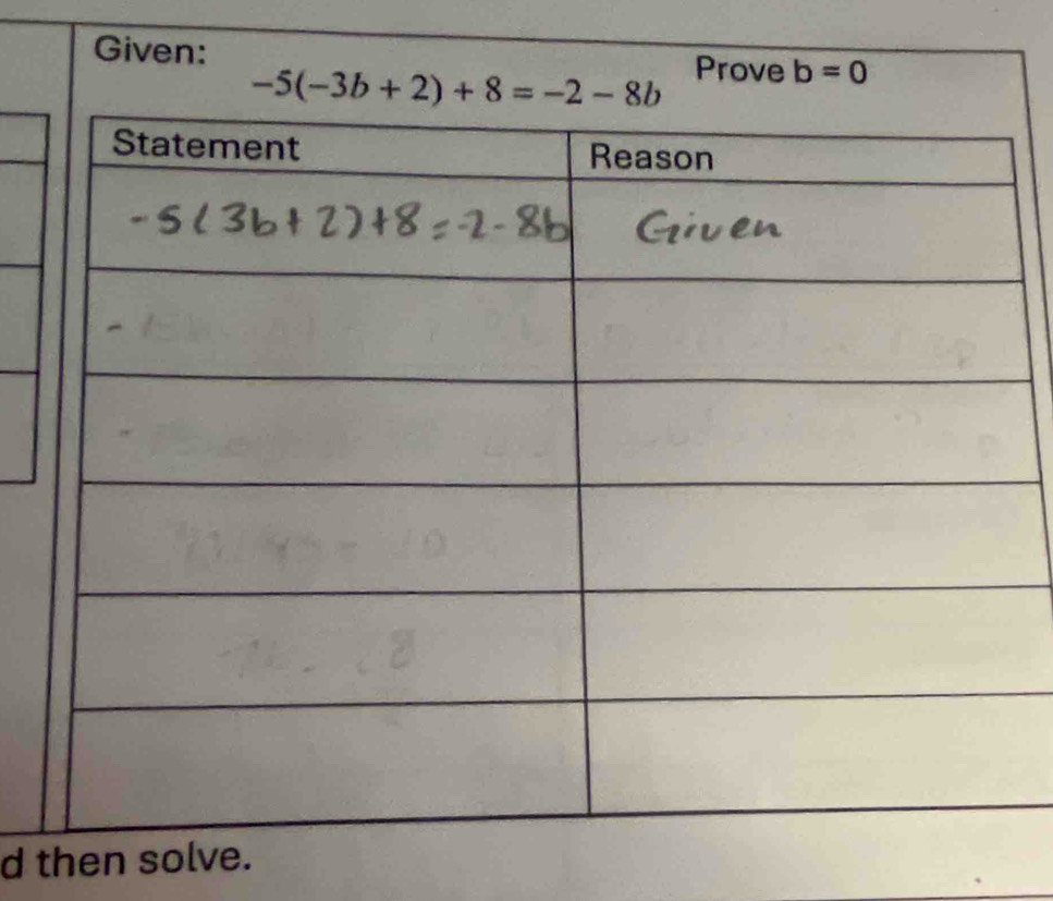 Given: Prove b=0
-5(-3b+2)+8=-2-8b
d then so