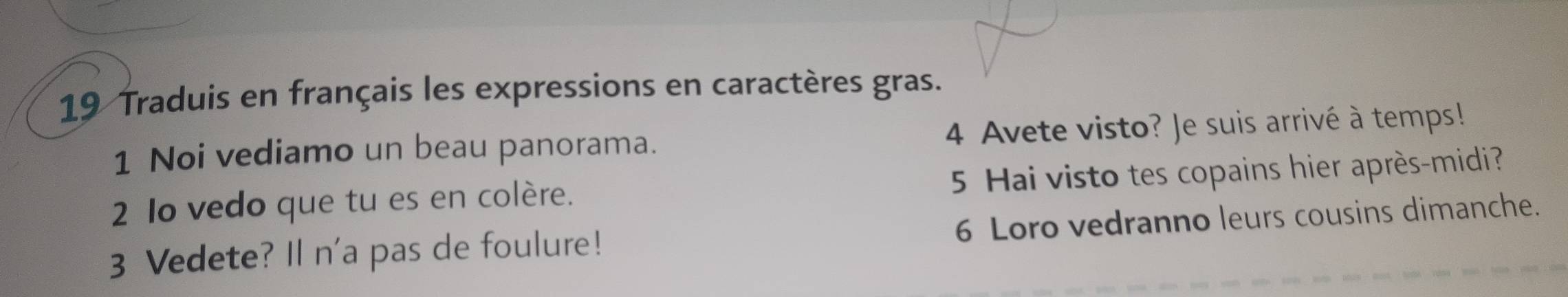 Traduis en français les expressions en caractères gras. 
1 Noi vediamo un beau panorama. 4 Avete visto? Je suis arrivé à temps! 
2 Io vedo que tu es en colère. 5 Hai visto tes copains hier après-midi?
3 Vedete? I n'a pas de foulure! 6 Loro vedranno leurs cousins dimanche.