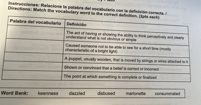 Instrucciones: Relacione la palabra del vocabulario con la definición correcta. /
Directions: Match the vocabulary word to the
Word Bank: keenness dazzled disbused marionette consummated