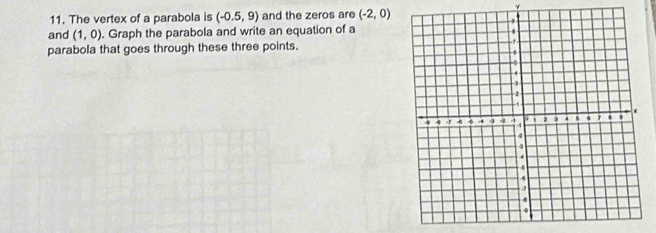 The vertex of a parabola is (-0.5,9) and the zeros are (-2,0)
and (1,0). Graph the parabola and write an equation of a 
parabola that goes through these three points.