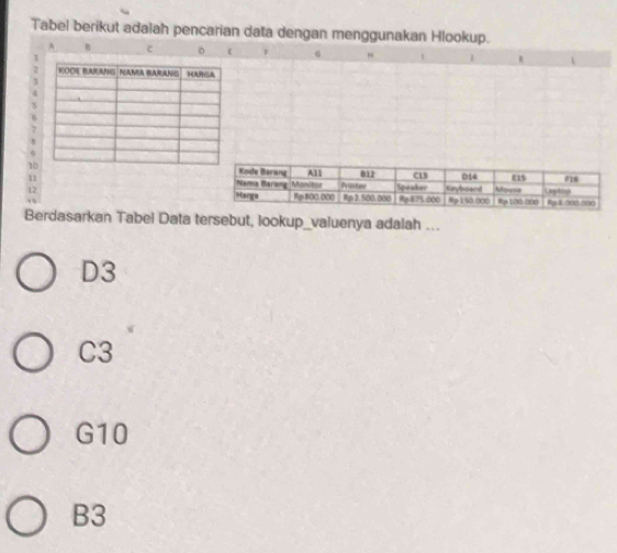 Tabel berikut adalah pencarian data dengan menggunakan Hlookup.
A B c D ( 6 "
7
10
11
12
Berdasarkan Tabel Data tersebut, lookup_valuenya adalah ...
D3
C3
G10
B3