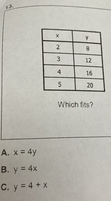 Which fits?
A. x=4y
B. y=4x
C. y=4+x