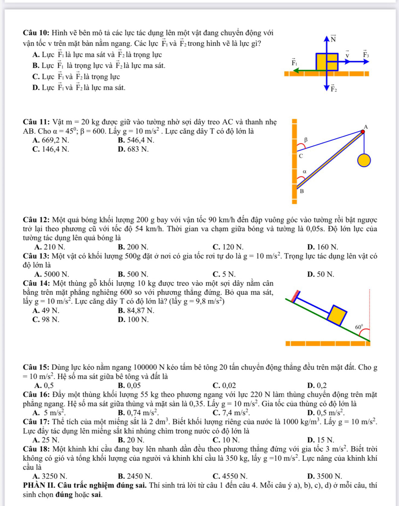Hình vẽ bên mô tả các lực tác dụng lên một vật đang chuyển động với
vận tốc v trên mặt bàn nằm ngang. Các lực vector F_1 và vector F_2 trong hình vẽ là lực gì?
N
A. Lực vector F_1 là lực ma sát và vector F_2 là trọng lực ↓ vector F_3
B. Lực vector F_1 là trọng lực và vector F_2 là lực ma sát.
vector F_1
C. Lực vector F_1 và vector F_2 à trọng lực
D. Lực vector F_1 và vector F_2 là lực ma sát. vector F_2
Câu 11: Vật m=20 kg được giữ vào tường nhờ sợi dây treo AC và thanh nhẹ
AB. Cho alpha =45°;beta =600. Lấy g=10m/s^2. Lực căng dây T có độ lớn là
A
A. 669,2 N. B. : 546.4N β
C. 146,4 N. D. 683 N.
c
α
B
Câu 12: Một quả bóng khối lượng 200 g bay với vận tốc 90 km/h đến đập vuông góc vào tường rồi bật ngược
trở lại theo phương cũ với tốc độ 54 km/h. Thời gian va chạm giữa bóng và tường là 0,05s. Độ lớn lực của
tường tác dụng lên quả bóng là
A. 210 N. B. 200 N. C. 120 N. D. 160 N.
Câu 13: Một vật có khối lượng 500g đặt ở nơi có gia tốc rơi tự do là g=10m/s^2. Trọng lực tác dụng lên vật có
độ lớn là
A. 5000 N. B. 500 N. C. 5 N. D. 50 N.
Câu 14: Một thùng gỗ khối lượng 10 kg được treo vào một sợi dây nằm cân
bằng trên mặt phẳng nghiêng 600 so với phương thẳng đứng. Bỏ qua ma sát,
lấy g=10m/s^2 *. Lực căng dây T có độ lớn là? (lầy g=9,8m/s^2)
A. 49 N. B. 84,87 N.
C. 98 N. D. 100 N.
Câu 15: Dùng lực kéo nằm ngang 100000 N kéo tấm bê tông 20 tấn chuyển động thẳng đều trên mặt đất. Cho g
=10m/s^2. Hệ số ma sát giữa bê tông và đất là
A. 0,5 B. 0,05 C. 0,02 D. 0,2
Câu 16: Đầy một thùng khối lượng 55 kg theo phương ngang với lực 220 N làm thùng chuyển động trên mặt
phẳng ngang. Hệ số ma sát giữa thùng và mặt sàn là 0,35. Lấy g=10m/s^2 F. Gia tốc của thùng có độ lớn là
A. 5m/s^2. B. 0,74m/s^2. C. 7,4m/s^2. D. 0,5m/s^2.
Câu 17: Thể tích của một miếng sắt là 2dm^3. Biết khối lượng riêng của nước là 1000kg/m^3.. Lấy g=10m/s^2.
Lực đầy tác dụng lên miếng sắt khi nhúng chìm trong nước có độ lớn là
A. 25 N. B. 20 N. C. 10 N. D. 15 N.
Câu 18: Một khinh khí cầu đang bay lên nhanh dần đều theo phương thắng đứng với gia tốc 3m/s^2. Biết trời
không có gió và tổng khối lượng của người và khinh khí cầu là 350 kg, lấy g=10m/s^2. Lực nâng của khinh khí
cầu là
A. 3250 N. B. 2450 N. C. 4550 N. D. 3500 N.
PHÀN II. Câu trắc nghiệm đúng sai. Thí sinh trả lời từ câu 1 đến câu 4. Mỗi câu ý a), b), c), d) ở mỗi câu, thí
sinh chọn đúng hoặc sai.