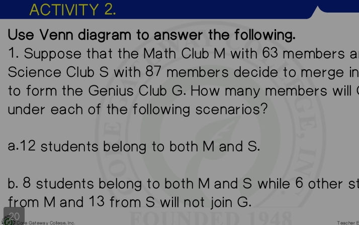 ACTIVITY 2. 
Use Venn diagram to answer the following. 
1. Suppose that the Math Club M with 63 members a 
Science Club S with 87 members decide to merge in 
to form the Genius Club G. How many members will 
under each of the following scenarios? 
a. 12 students belong to both M and S. 
b. 8 students belong to both M and S while 6 other st 
from M and 13 from S will not join G. 
* Core Gatewav College, Inc Teacher