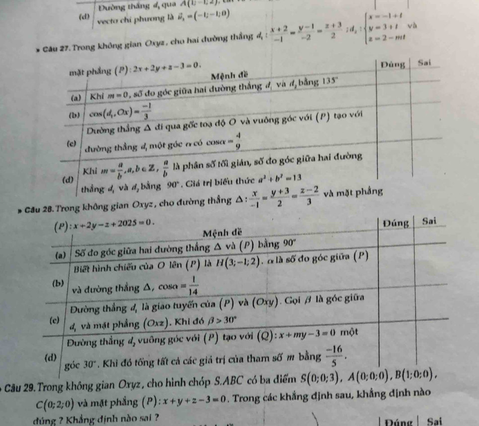 Đường thắng 4 qua A(1)=1,2)
(d) vecto chi phương là vector u_3=(-1;-1;0)
Câu 27. Trong không gian Oxyz , cho hai đường thắng d_1: (x+2)/-1 = (y-1)/-2 = (z+3)/2 ;d_2:beginarrayl x=-1+t y=3+t z=2-mtendarray. vh.Trong không gian Oxyz , cho đường thẳng Δ : 
Câu 29. Trong không gian Oxyz, cho hình chóp S.ABC có ba điểm
C(0;2;0) và mặt phẳng (P): x+y+z-3=0. Trong các khẳng định sau, khẳng định nào
đúng ? Khẳng định nào sai ?  Đúng Sai