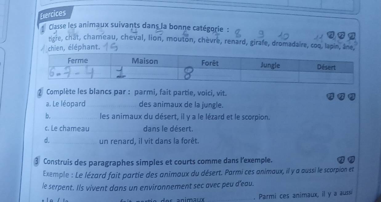 Exercices 
Classe les animaux suivants dans la bonne catégorie : 
a 
tigre, chat, chameau, cheval, lion, mouton, chèvre, renard, girafe, dromadaire, coq, lapin, âne, 
chien, éléphant. 
2 Complète les blancs par : parmi, fait partie, voici, vit. 
a. Le léopard_ des animaux de la jungle. 
b._ les animaux du désert, il y a le lézard et le scorpion. 
c. Le chameau_ dans le désert. 
d._ un renard, il vit dans la forêt. 
③ Construis des paragraphes simples et courts comme dans l’exemple. 
Exemple : Le lézard fait partie des animaux du désert. Parmi ces animaux, il y a aussi le scorpion et 
le serpent. Ils vivent dans un environnement sec avec peu d’eau. 
às animaux _. Parmi ces animaux, il y a aussi