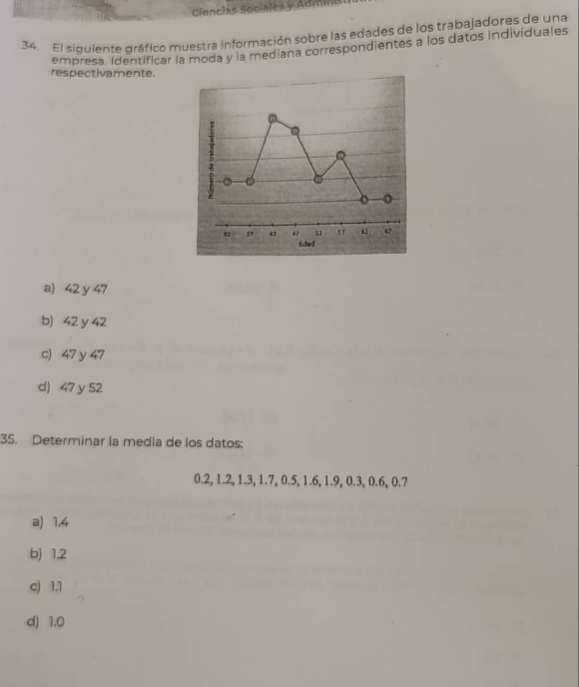 Ciencias Sociales y Adminis
34. El siquiente gráfico muestra información sobre las edades de los trabajadores de una
empresa. Identificar la moda y la mediana correspondientes a los datos individuales
respectivamente.
C
82 67 51 57 67
Eded
a) 42 y 47
b) 42 y 42
c) 47 y 47
d) 47 y 52
35. Determinar la media de los datos:
0.2, 1.2, 1.3, 1.7, 0.5, 1.6, 1.9, 0.3, 0.6, 0.7
a) 1,4
b) 1.2
c) 1.1
d) 1.0