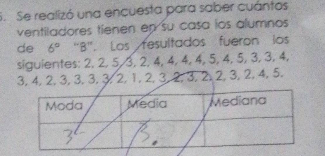 Se realizó una encuesta para saber cuántos 
ventiladores tienen en su casa los alumnos 
de 6° "B”. Los fesultados fueron los 
siguientes: 2, 2, 5, 3, 2, 4, 4, 4, 4, 5, 4, 5, 3, 3, 4,
3, 4, 2, 3, 3, 3, 3, 2, 1, 2, 3, 2, 3, 2, 2, 3, 2, 4, 5.