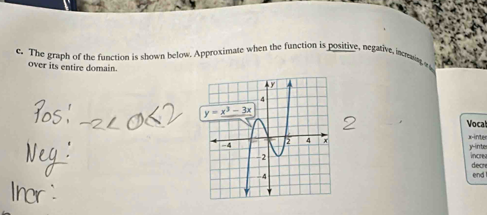 The graph of the function is shown below. Approximate when the function is positive, negative, increasing, or 
over its entire domain.
Vocal
x-inter
y-inte
increa
decre
end