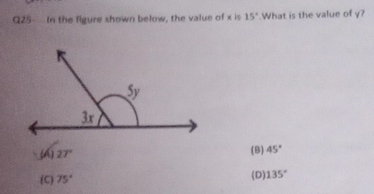 In the figure shown below, the value of x is 15°.What is the value of y?
(A) 27° (B) 45°
(C) 75° (D) 135°