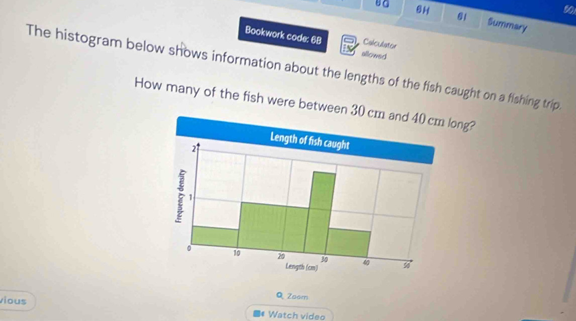 61 
6H Summary 
Bookwork code: 6B Calculator 
allowed 
The histogram below shows information about the lengths of the fish caught on a fishing trip. 
How many of the fish were between 3long? 
vious 
Q Zoom 
Watch video