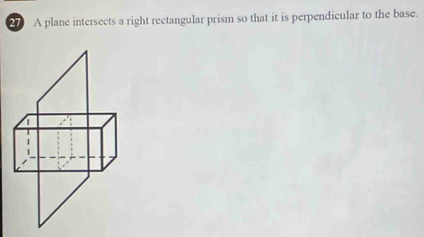 A plane intersects a right rectangular prism so that it is perpendicular to the base.