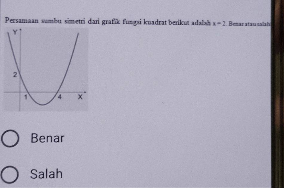 Persamaan sumbu simetri dari grafik fungsi kuadrat berikut adalah x=2. Benar atau salah
Benar
Salah