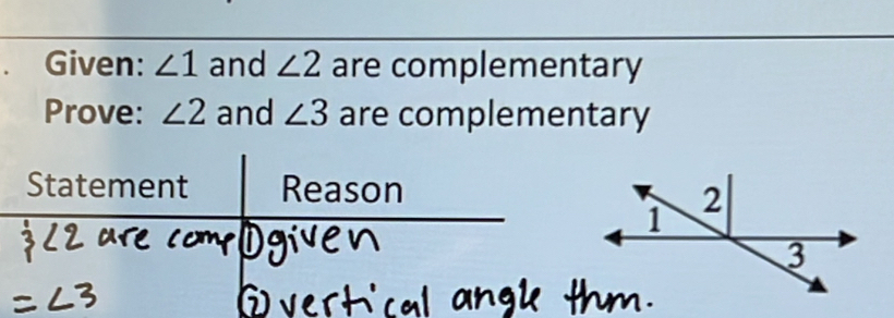 Given: ∠ 1 and ∠ 2 are complementary 
Prove: ∠ 2 and ∠ 3 are complementary 
Statement Reason