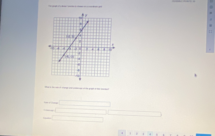 POSSBLE PONT 1
The graph of a linear function is shown on a coundinate grld
What is the rate of change and y-intercept of the graph of this function?
Rase of Change □
Y-insercept □ ,□
Equation □
1 2 3 4 5 6 7