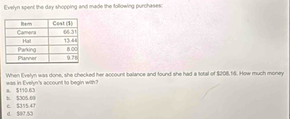 Evelyn spent the day shopping and made the following purchases:
When Evelyn was done, she checked her account balance and found she had a total of $208.16. How much money
was in Evelyn's account to begin with?
a. $110.63
b. $305.69
c. $315.47
d. $97.53