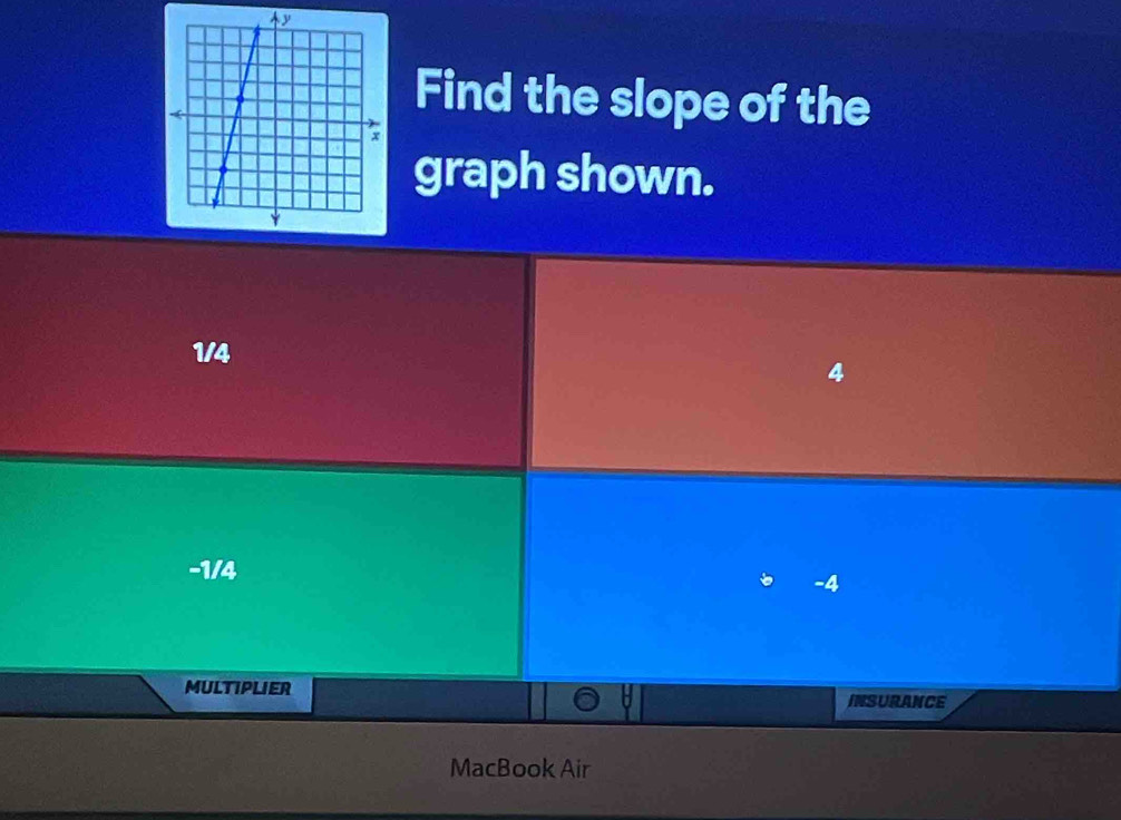 Find the slope of the
graph shown.
1/4
4
-1/4
-4
MULTIPLIER INSURANCE
MacBook Air