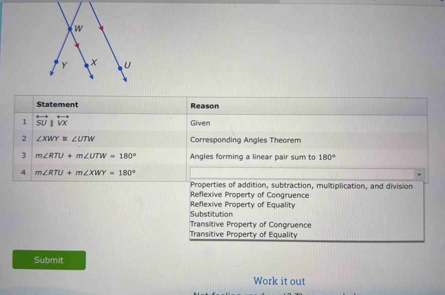 Statement Reason
1 overleftrightarrow SU||overleftrightarrow VX
Given
2 ∠ XWY≌ ∠ UTW Corresponding Angles Theorem
3 m∠ RTU+m∠ UTW=180° Angles forming a linear pair sum to 180°
4 m∠ RTU+m∠ XWY=180°
Properties of addition, subtraction, multiplication, and division
Reflexive Property of Congruence
Reflexive Property of Equality
Substitution
Transitive Property of Congruence
Transitive Property of Equality
Submit
Work it out