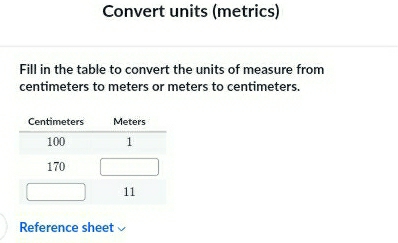 Convert units (metrics) 
Fill in the table to convert the units of measure from
centimeters to meters or meters to centimeters. 
Reference sheet