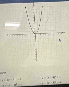 lswer
y=(x-4)^2-4 y=(x-4)^2+4
y=(x+4)^2-4 y=(x+4)^2+4