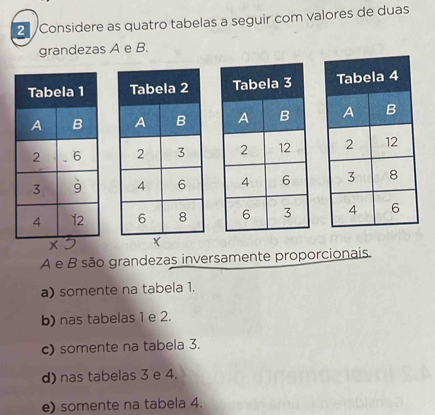 2 /Considere as quatro tabelas a seguir com valores de duas
grandezas A e B.





A e B são grandezas inversamente proporcionais.
a) somente na tabela 1.
b) nas tabelas 1 e 2.
c) somente na tabela 3.
d) nas tabelas 3 e 4.
e) somente na tabela 4.