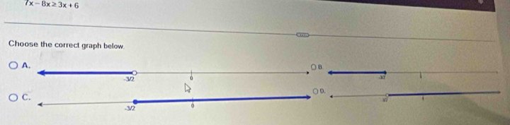 7x-8x≥ 3x+6
Choose the correct graph below.