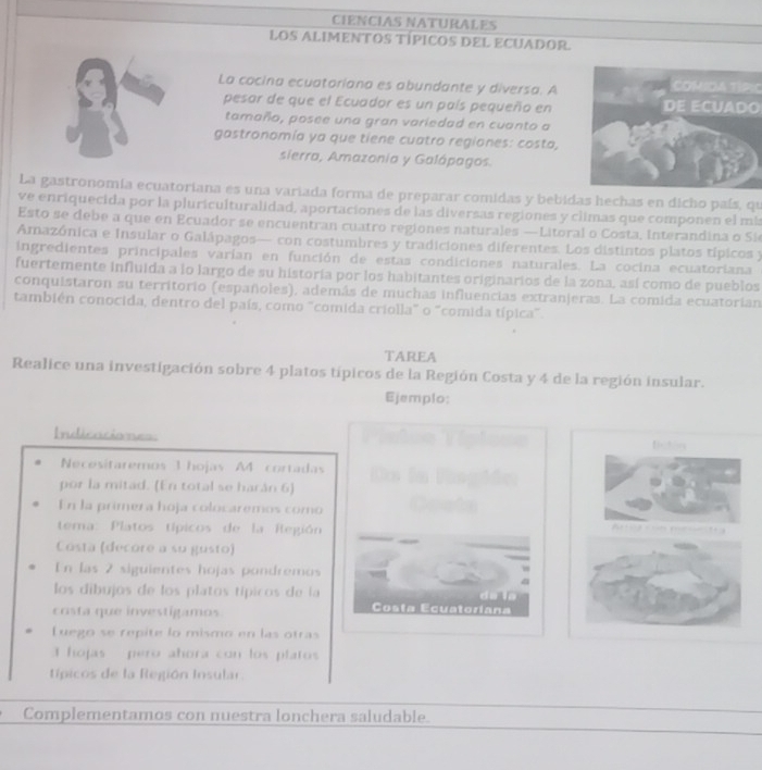 CIENCIAS NATURALES
LOS ALIMENTOS TÍPICOS DEL ECUADOR.
La cocina ecuatoriana es abundante y diversa. ACOMIDA TÍpIC
pesar de que el Ecuador es un país pequeño enDE ECUADO
tamaño, posee una gran variedad en cuanto a
gastronomía ya que tiene cuatro regiones: costo,
sierra, Amazonia y Galápagos.
La gastronomia ecuatoriana es una variada forma de preparar comidas y bebidas hechas en dicho país, qu
ve enriquecida por la pluriculturalidad, aportaciones de las diversas regiones y climas que componen el mi
Esto se debe a que en Ecuador se encuentran cuatro regiones naturales —Litoral o Costa, Interandina o Si
Amazónica e Insular o Galápagos— con costumbres y tradiciones diferentes. Los distintos platos típicos y
ingredientes principales varían en función de estas condiciones naturales. La cocina ecuatoriana
fuertemente influida a lo largo de su historía por los habitantes originarios de la zona, así como de pueblos
conquistaron su territorio (españoles), además de muchas influencias extranjeras. La comida ecuatorian
también conocida, dentro del país, como "comida criolla" o "comida típica".
TAREA
Realice una investigación sobre 4 platos típicos de la Región Costa y 4 de la región insular.
Ejemplo:
Indicaciones Distón
Necesitaremos 1 hojas A4 cortadas
por la mitad. [En total se harán 6]
En la primera hoja colocaremos como
tema: Platos típicos de la Región
Cósta (decore a su gusto)
En las 2 siguientes hojas pondremos
los díbujos de los platos típicos de la da la
costa que investigamos Costa Ecuatoríana
Luego se repite lo mismo en las otras
I hojas  pero ahora con los platos
tpicos de la Región Insular
Complementamos con nuestra lonchera saludable.