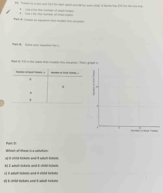 Tickets to a zoo cost $12 for each adult and $8 for each child. A family has $72 for the zoo trip.
Use σ for the number of adult tickets
Use c for the number of child tickets
Part A: Create an equation that models this situation.
Part B: Solve your equation for c.
Part C: Fill in the table that models this situation. Then, graph it.
5 10
5
0 5 10
Number of Adult Tickets
Part D:
Which of these is a solution:
a) 0 child tickets and 9 adult tickets
b) 2 adult tickets and 6 child tickets
c) 3 adult tickets and 4 child tickets
d) 6 child tickets and 0 adult tickets