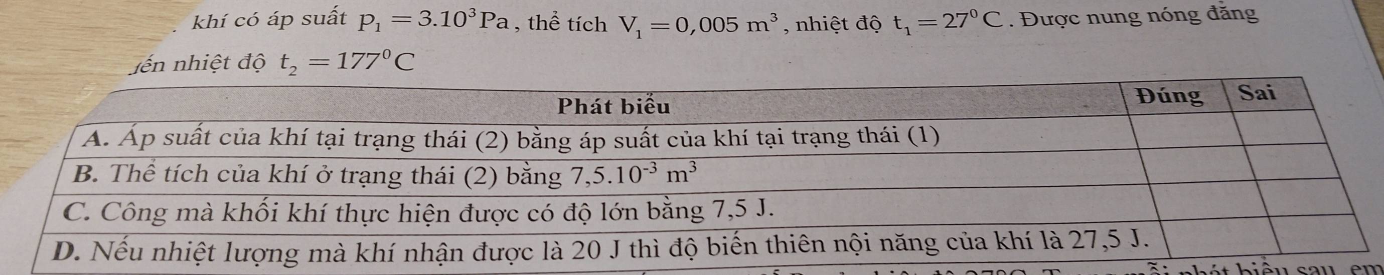 khí có áp suất P_1=3.10^3Pa , thể tích V_1=0,005m^3 , nhiệt độ t_1=27°C. Được nung nóng đăng
Jến nhiệt độ t_2=177°C
bét biểu sau em