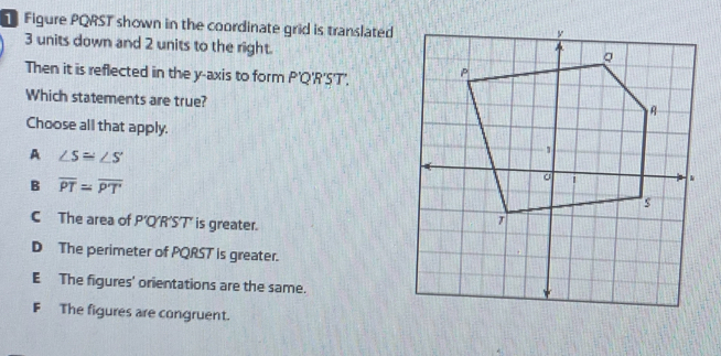 Figure PQRST shown in the coordinate grid is translated
3 units down and 2 units to the right.
Then it is reflected in the y-axis to form P'Q'R 'S'T'. 
Which statements are true?
Choose all that apply.
A ∠ S=∠ S
B overline PT=overline PT
C The area of P'Q'R'S’T’ is greater.
D The perimeter of PQRST is greater.
E The figures' orientations are the same.
F The figures are congruent.