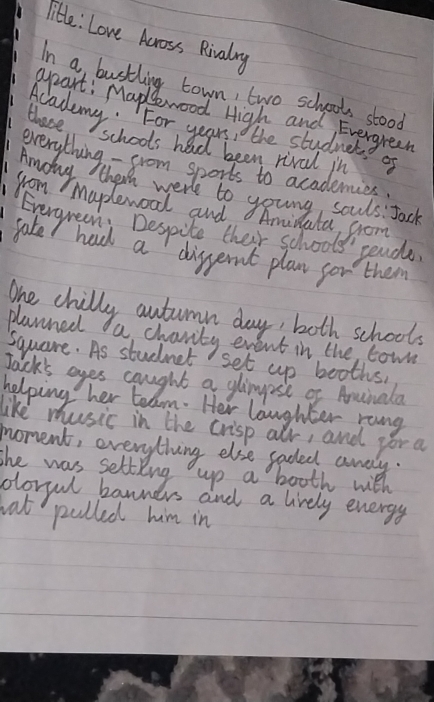 litle: Love Across Rivalny 
In a, bustling town, two schools stood 
eart: Maphwood High and Evergreen 
these 
Academy, For years the studners of 
schools had been rival in 
rerything o from sports to academies. 
Amdiy thih werk to young souls. Jack 
from Mapewood and Amilata, from 
Evergnean, Bespite their schools" reade. 
fate had a disernt plan for them 
One chilly autumn day, both schools 
planned a chavity event in the town 
square. As studnet set up booths, 
Tacks eyes caught a glimese of Aonala 
helping her tedom. Her laughter roing 
like music in the crisp alr, and yor a 
moment, everything else saded awely. 
she was selteng up a booth with 
blovel banners and a lively energy 
hat palled him in