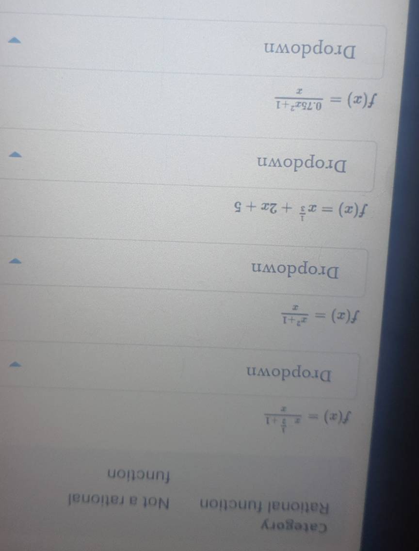 Category
Rational function Not a rational
function
f(x)=frac x^(-frac 1)2+1x
Dropdown
f(x)= (x^2+1)/x 
Dropdown
f(x)=x^(frac 1)3+2x+5
Dropdown
f(x)= (0.75x^2+1)/x 
Dropdown