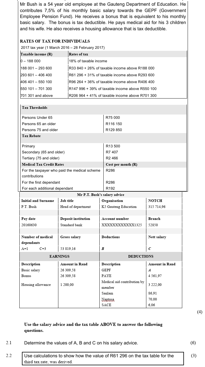 Mr Bush is a 54 year old employee at the Gauteng Department of Education. He
contributes 7,5% of his monthly basic salary towards the GEPF (Government
Employee Pension Fund). He receives a bonus that is equivalent to his monthly
(4)
2.1 Determine the values of A, B and C on his salary advice. (6)
2.2 Use calculations to show how the value of R61 296 on the tax table for the (3)
third tax rate, was derived