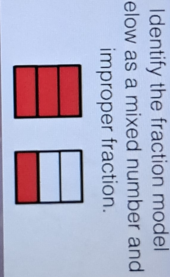 Identify the fraction model 
elow as a mixed number and 
improper fraction.