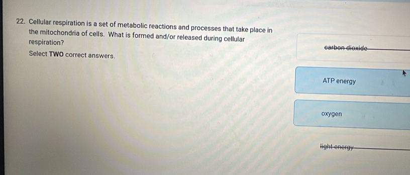 Cellular respiration is a set of metabolic reactions and processes that take place in
the mitochondria of cells. What is formed and/or released during cellular
respiration?
Select TWO correct answers.
ATP energy
oxygen