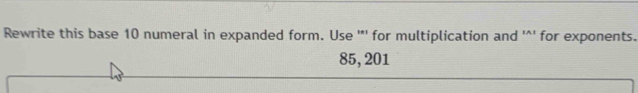 Rewrite this base 10 numeral in expanded form. Use ''' for multiplication and '^' for exponents.
85,201