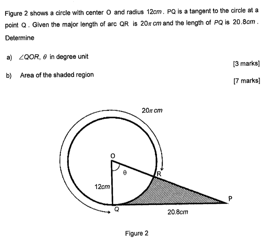 Figure 2 shows a circle with center O and radius 12cm. PQ is a tangent to the circle at a 
point Q. Given the major length of arc QR is 20πcm and the length of PQ is 20.8cm. 
Determine 
a) ∠ QOR , θ in degree unit 
[3 marks] 
b) Area of the shaded region 
[7 marks] 
Figure 2