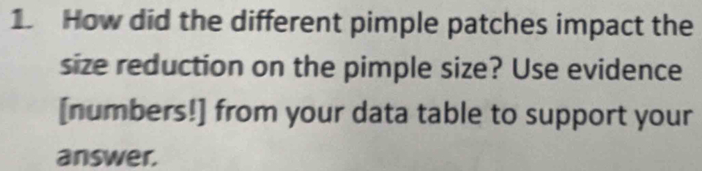 How did the different pimple patches impact the 
size reduction on the pimple size? Use evidence 
[numbers!] from your data table to support your 
answer.