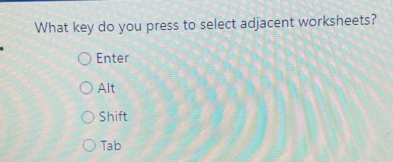 What key do you press to select adjacent worksheets? 
Enter 
Alt 
Shift 
Tab