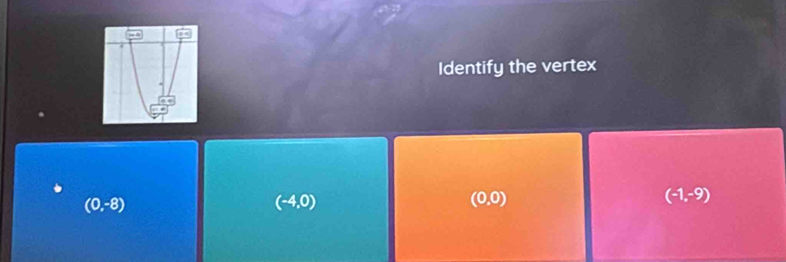 Identify the vertex
(0,-8)
(-4,0)
(0,0)
(-1,-9)