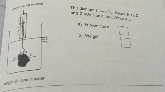 spring balance 
This diagram shows four forces A, B, C
and D acting on a rock. Which is... 
a) Buoyant force 
b) Weight 
Weight of stone in water