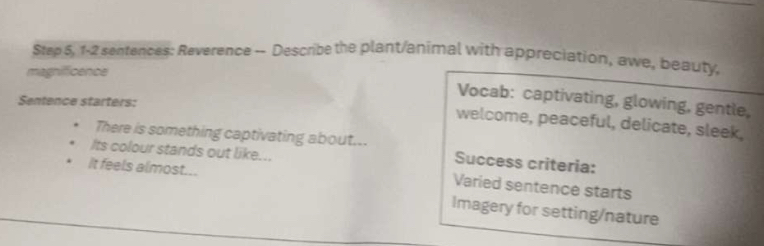 Solved: Step 5, 1-2 sentences: Reverence - Describe the plant/animal ...
