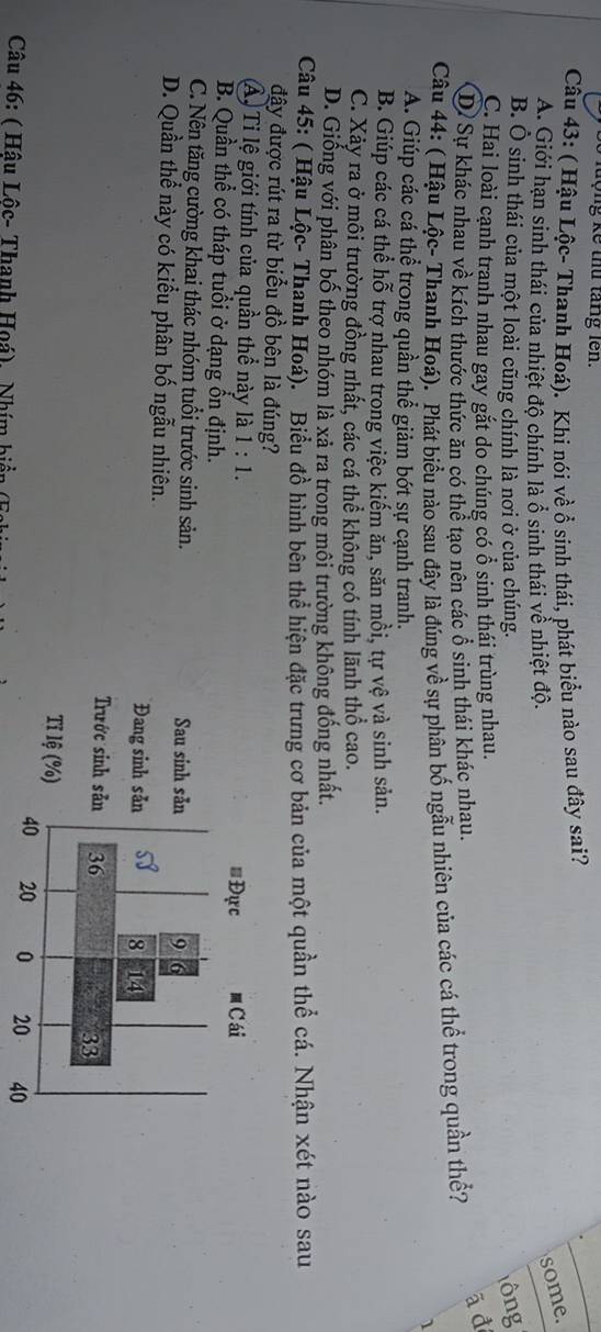 lưộng kế thứ tăng lên.
Câu 43: ( Hậu Lộc- Thanh Hoá). Khi nói về ổ sinh thái, phát biểu nào sau đây sai?
A. Giới hạn sinh thái của nhiệt độ chính là ổ sinh thái về nhiệt độ.
some.
B. Ô sinh thái của một loài cũng chính là nơi ở của chúng. lông
C. Hai loài cạnh tranh nhau gay gắt do chúng có ổ sinh thái trùng nhau.
Dề Sự khác nhau về kích thước thức ăn có thể tạo nên các ổ sinh thái khác nhau.
ā đi
Câu 44: ( Hậu Lộc- Thanh Hoá). Phát biểu nào sau đây là đúng về sự phân bố ngẫu nhiên của các cá thể trong quần thể?
1
A. Giúp các cá thể trong quần thể giảm bớt sự cạnh tranh.
B. Giúp các cá thể hỗ trợ nhau trong việc kiếm ăn, săn mồi, tự vệ và sinh sản.
C. Xảy ra ở môi trường đồng nhất, các cá thể không có tính lãnh thổ cao.
D. Giống với phân bố theo nhóm là xả ra trong môi trường không đống nhất.
Câu 45: ( Hậu Lộc- Thanh Hoá). Biểu đồ hình bên thể hiện đặc trưng cơ bản của một quần thể cá. Nhận xét nào sau
đây được rút ra từ biểu đồ bên là đúng?
Á, Ti lệ giới tính của quần thể này là 1:1.
B. Quần thể có tháp tuổi ở dạng ồn định.
C. Nên tăng cường khai thác nhóm tuổi trước sinh sản.
D. Quần thể này có kiểu phân bố ngẫu nhiên.
Câu 46: ( Hậu Lộc- Thanh Hoá), Nhím biển (Fah