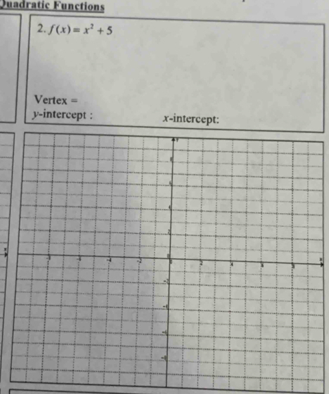 Quadratic Functions 
2. f(x)=x^2+5
Vertex = 
y-intercept : x-intercept: 
;