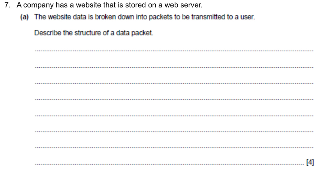 A company has a website that is stored on a web server. 
(a) The website data is broken down into packets to be transmitted to a user. 
Describe the structure of a data packet. 
_ 
_ 
_ 
_ 
_ 
_ 
_ 
_[4]